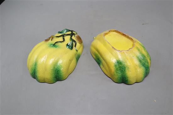 A pair of 19th century Chinese enamelled biscuit bitter melon boxes and covers and a similar model of a pomegranate, largest 15 x 10c